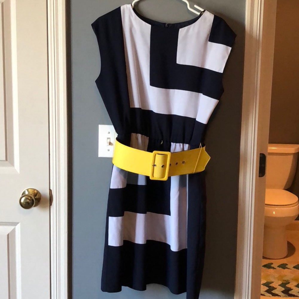 Navy blue and white dress w/yellow belt